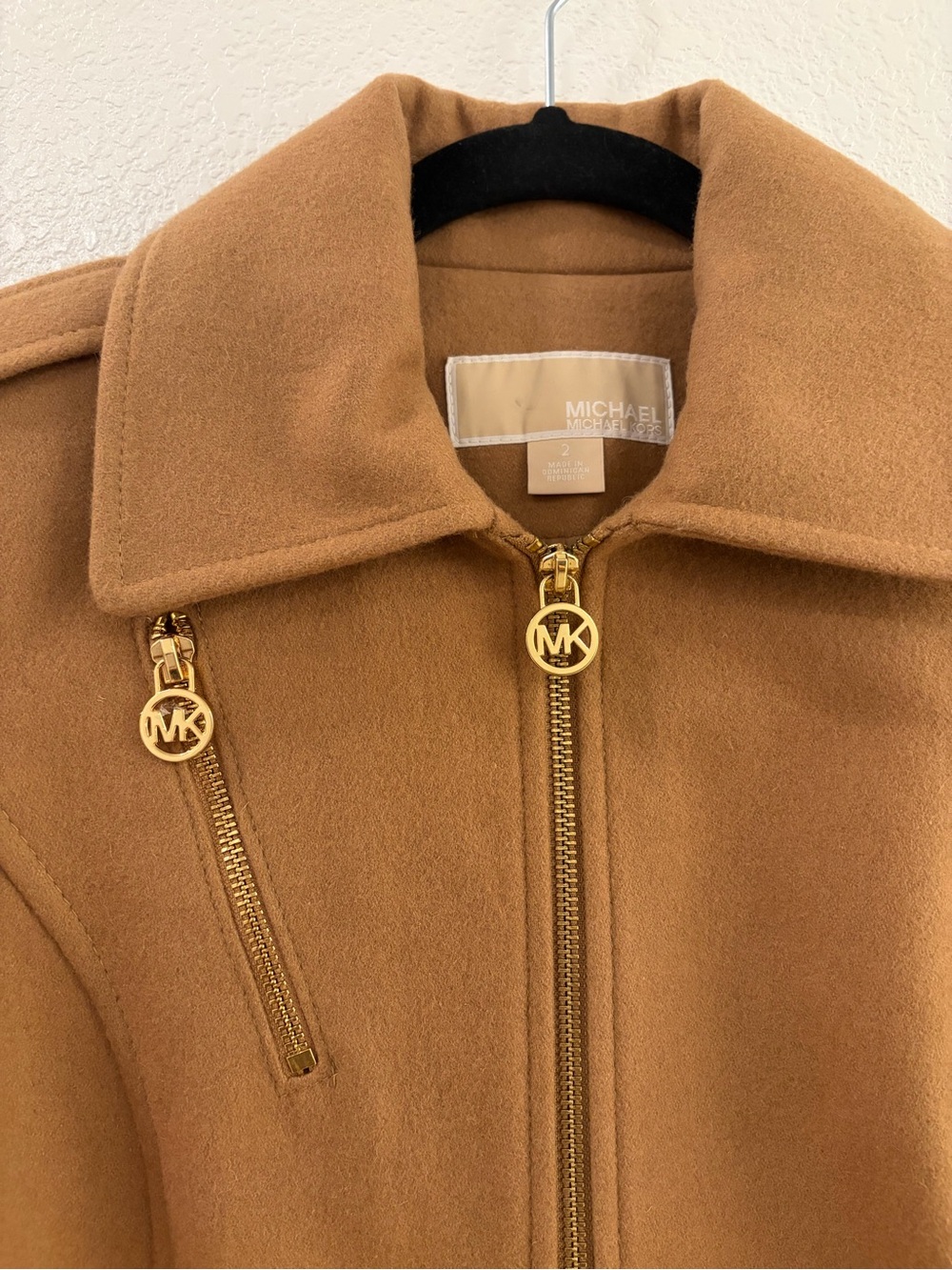 Michael Kors Camel Wool Blend Zip-Front Pea Coat with Gold Hardware